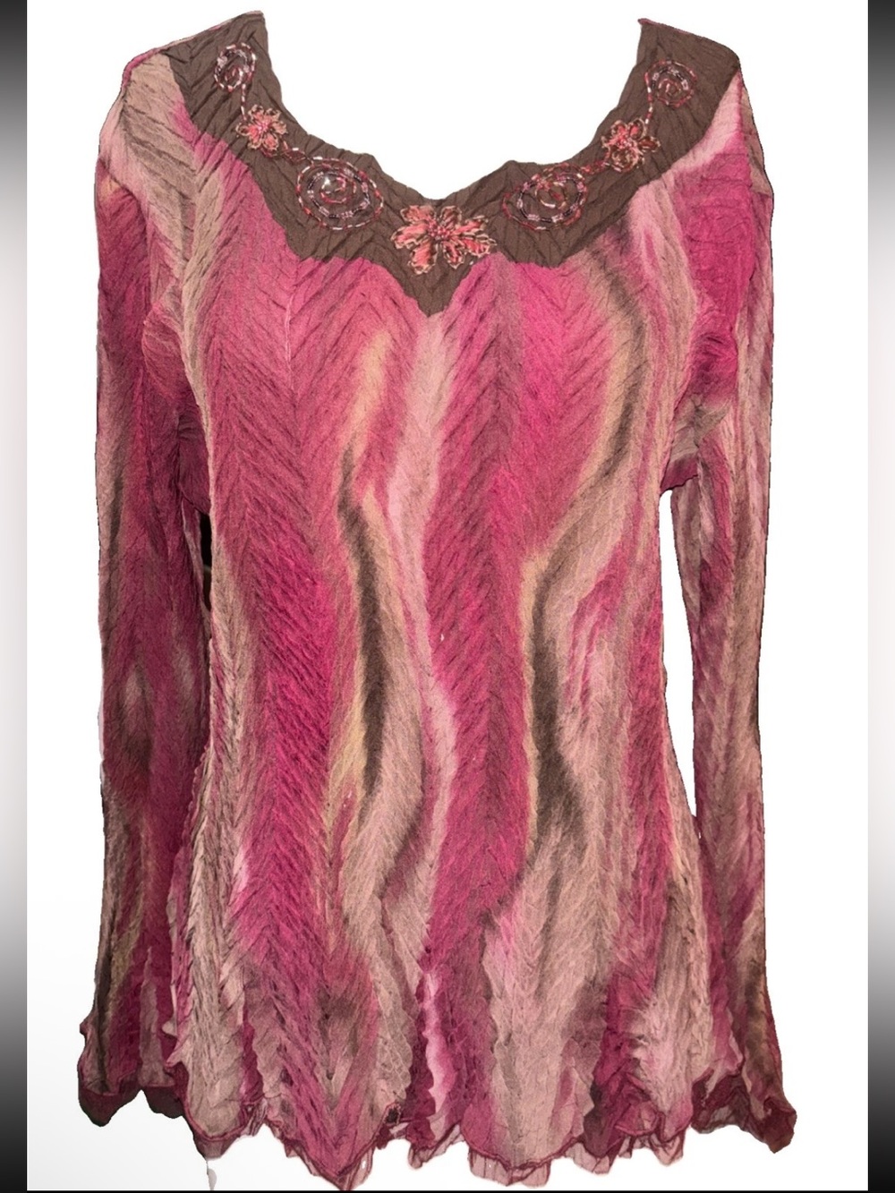 Alberto Makali Pink and Brown Embroidered V-Neck Long Sleeve Top
